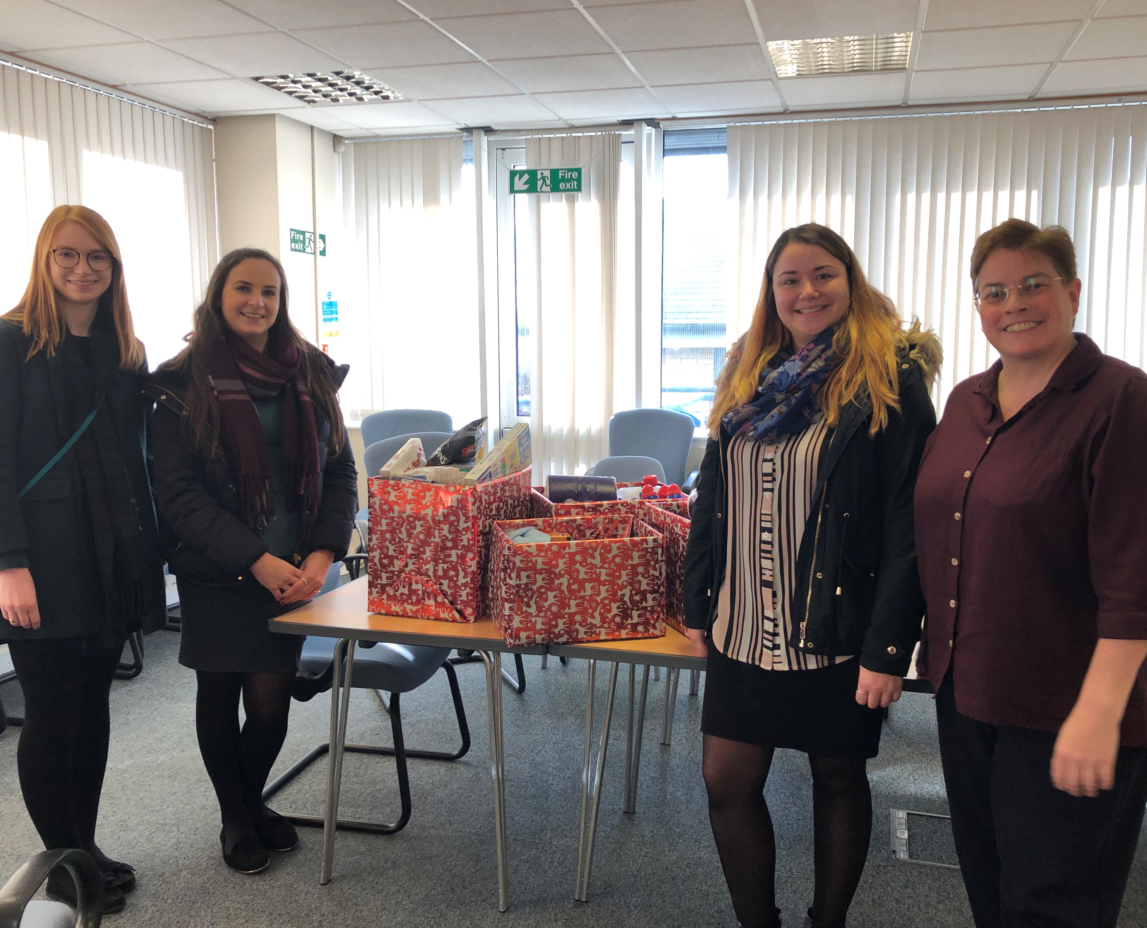 (l-r) Kathryn Balls, Fiona Wright and Jo Thomas with Carol Borwick, Transform’s Head of Fundraising & Communications with the parcels