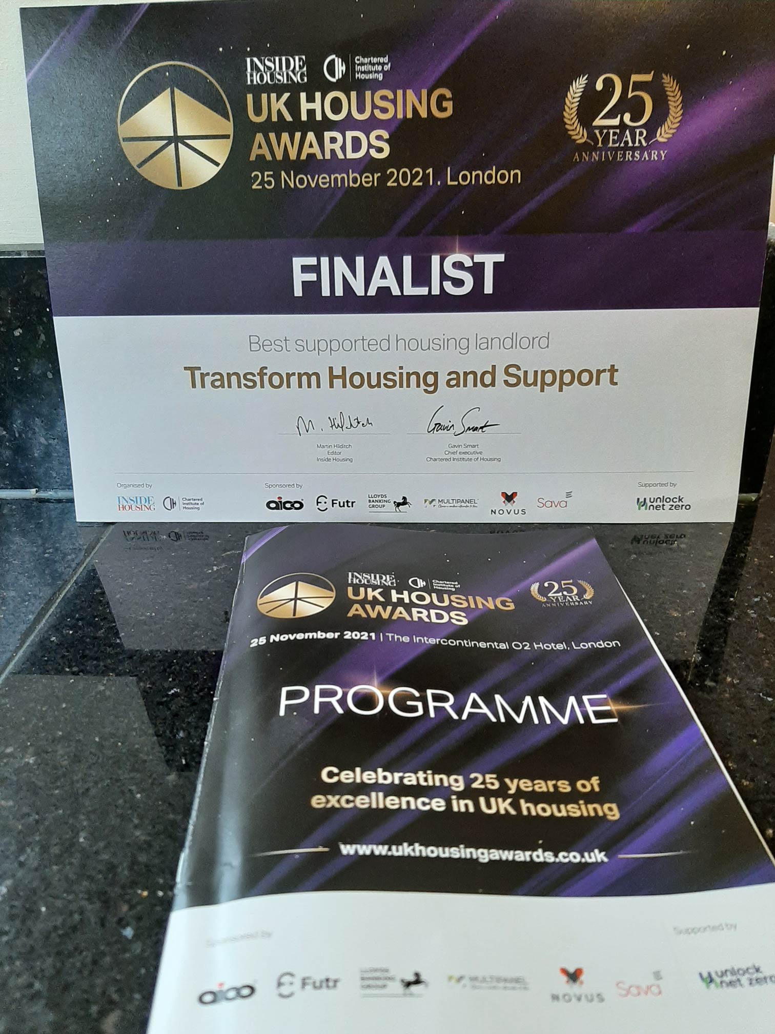 UK Housing Awards 2021 certifcate and programme